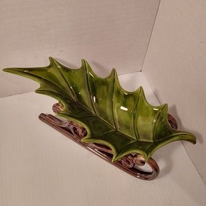Ceramic Holly Leaf Candy Dish Sleigh